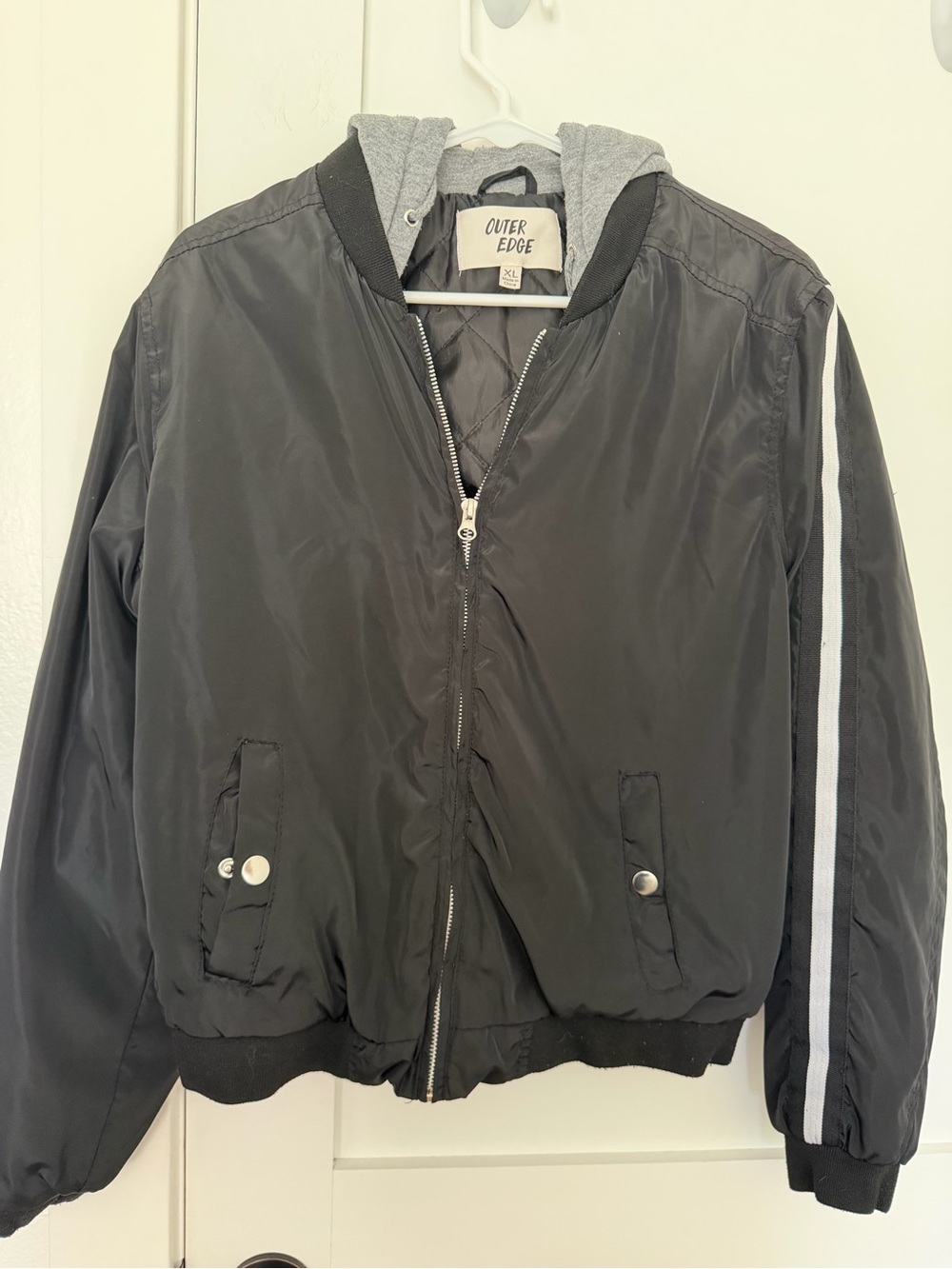 Outer Edge Black Bomber Jacket with Gray Stripe Hood